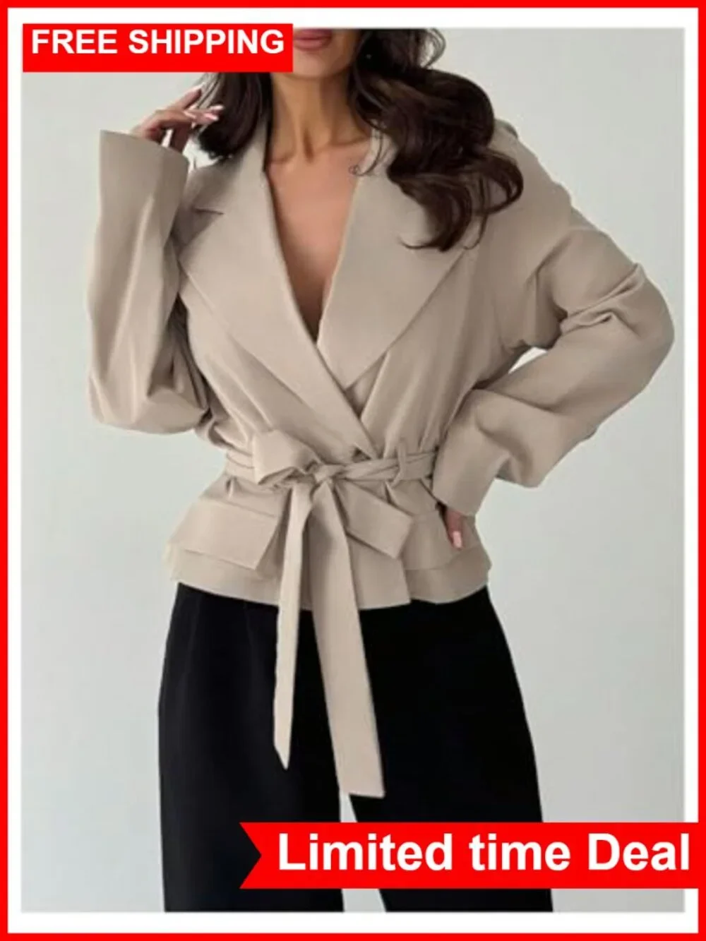 Verdusa Women's Tie Belt Double Breasted Trench Coat Long Sleeve Fall Outerwear